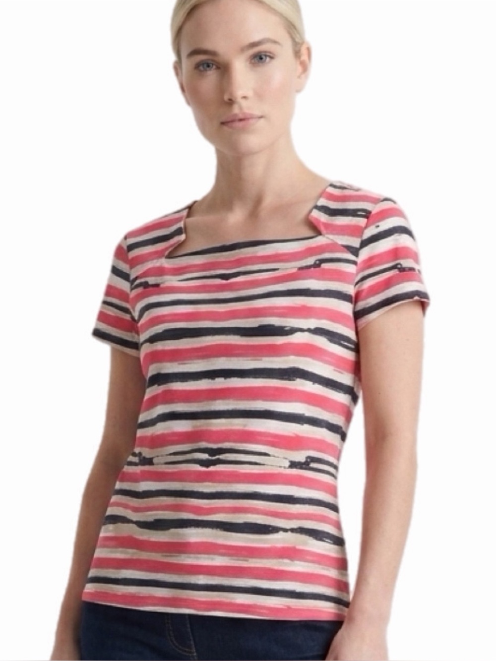 Lafayette 148 New York Coral/Red, Black & Cream Striped Square-Neck Top Large
